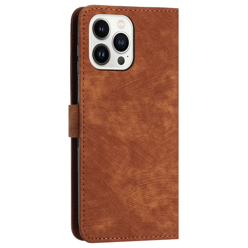 For iPhone 15 Pro Max Lines Imprinted Wallet Phone Case Stand Leather Cover with Shoulder Strap - Brown