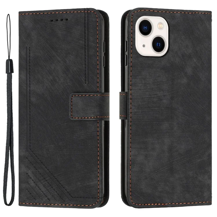 Custodia in pelle PU per iPhone 15 Plus, Cover per smartphone con linee impresse, in grado di fungere da supporto - Nero