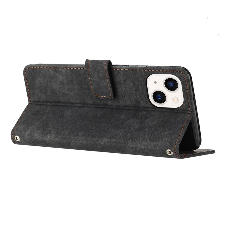 Custodia in pelle PU per iPhone 15 Plus, Cover per smartphone con linee impresse, in grado di fungere da supporto - Nero