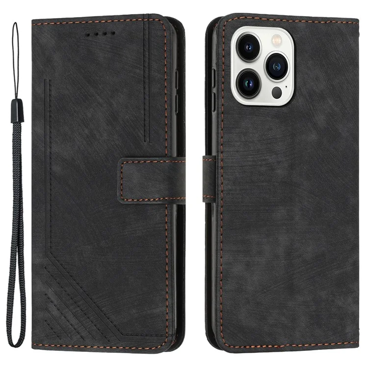 For iPhone 15 Pro Max Skin-touch Wallet Phone Case Imprinted Lines PU Leather Stand Cover - Black