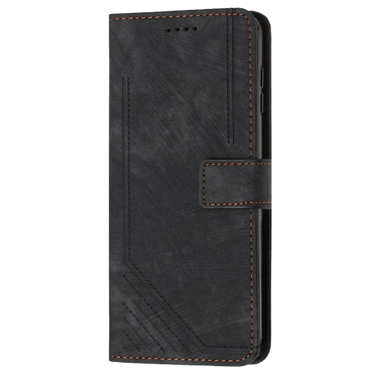 For iPhone 15 Pro Max Skin-touch Wallet Phone Case Imprinted Lines PU Leather Stand Cover - Black