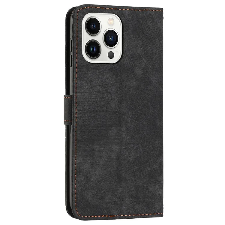 For iPhone 15 Pro Max Skin-touch Wallet Phone Case Imprinted Lines PU Leather Stand Cover - Black