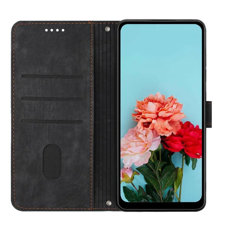 For iPhone 15 Pro Max Skin-touch Wallet Phone Case Imprinted Lines PU Leather Stand Cover - Black