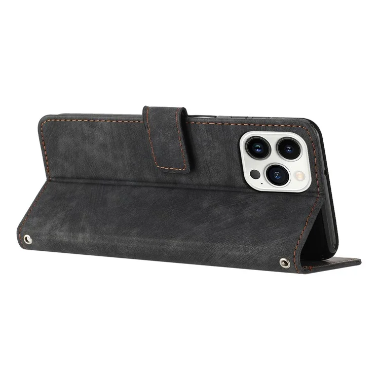 For iPhone 15 Pro Max Skin-touch Wallet Phone Case Imprinted Lines PU Leather Stand Cover - Black