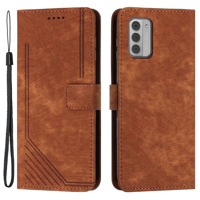 For Nokia G42 Phone Case Imprinted Lines Skin-touch Wallet TPU+PU Leather Shell Stand Cover - Brown