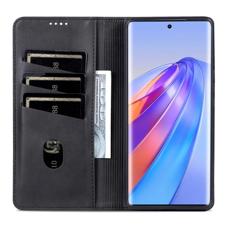 AZNS For Honor X50 Wallet Stand Phone Cover PU Leather Cowhide Texture Phone Case - Black