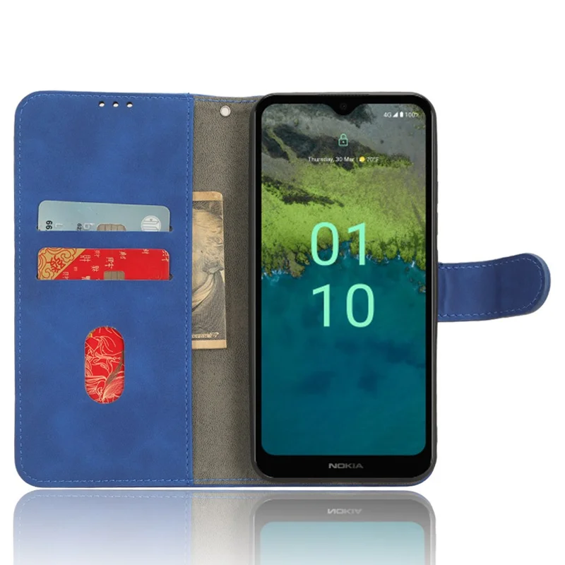 For Nokia C110 Stand Phone Case Skin-touch PU Leather Wallet Anti-drop Phone Cover - Blue