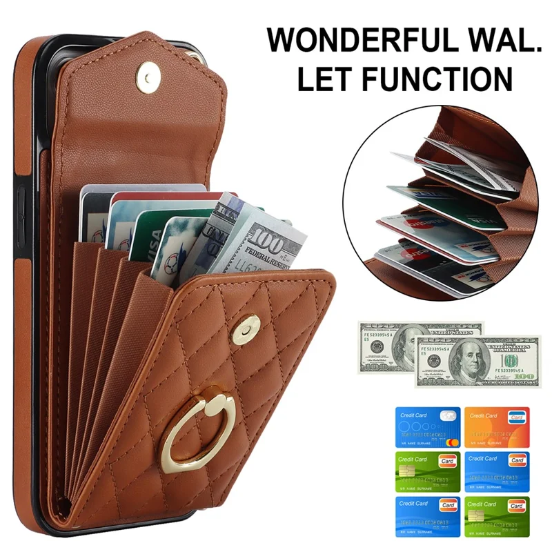 Für iPhone 15 RFID Blocking Phone Case Mehrere Kartensteckplätze Ring Kickstand PU-Leder+TPU Fall-proof Cover - Braun