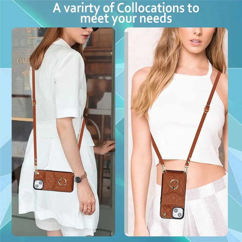 Für iPhone 15 RFID Blocking Phone Case Mehrere Kartensteckplätze Ring Kickstand PU-Leder+TPU Fall-proof Cover - Braun