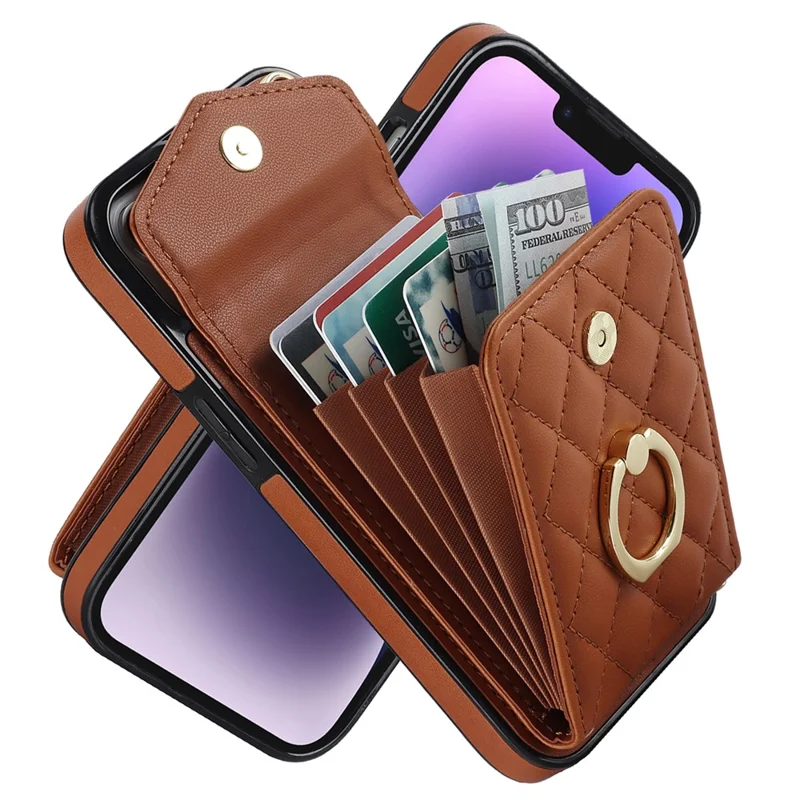 Für iPhone 15 RFID Blocking Phone Case Mehrere Kartensteckplätze Ring Kickstand PU-Leder+TPU Fall-proof Cover - Braun