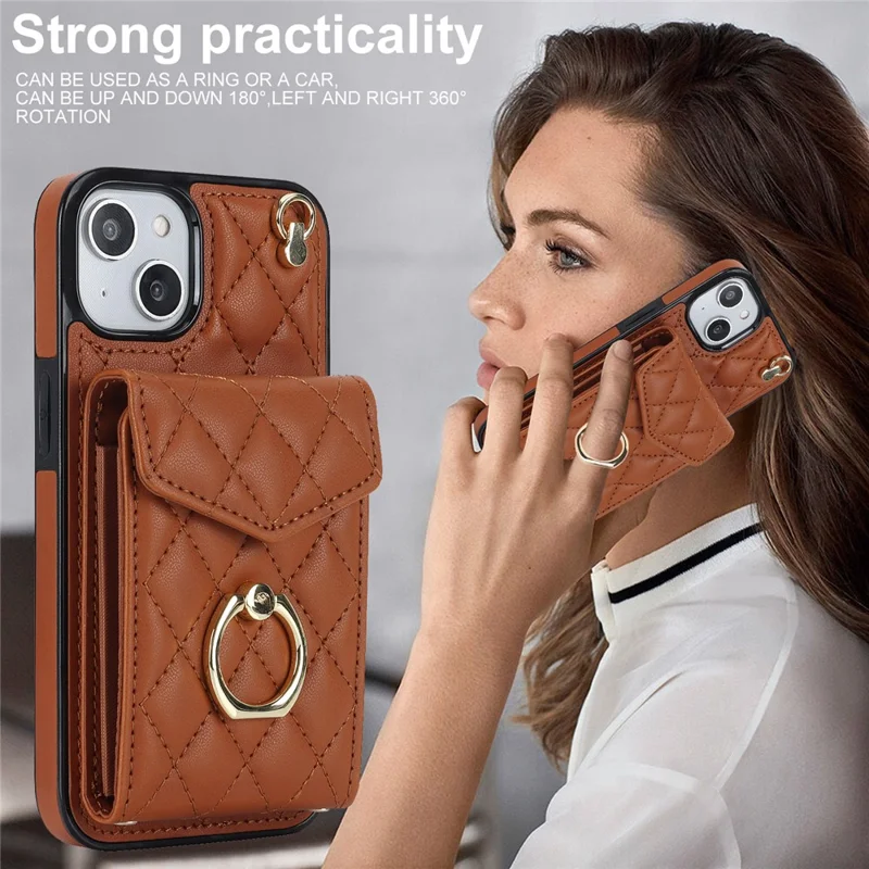 Für iPhone 15 RFID Blocking Phone Case Mehrere Kartensteckplätze Ring Kickstand PU-Leder+TPU Fall-proof Cover - Braun