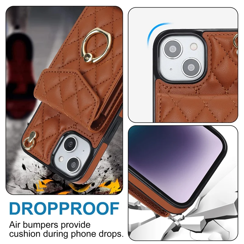 Für iPhone 15 RFID Blocking Phone Case Mehrere Kartensteckplätze Ring Kickstand PU-Leder+TPU Fall-proof Cover - Braun