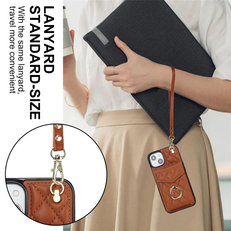 Für iPhone 15 RFID Blocking Phone Case Mehrere Kartensteckplätze Ring Kickstand PU-Leder+TPU Fall-proof Cover - Braun