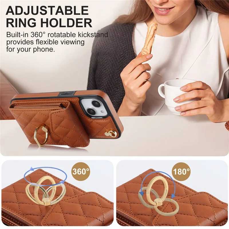 Für iPhone 15 RFID Blocking Phone Case Mehrere Kartensteckplätze Ring Kickstand PU-Leder+TPU Fall-proof Cover - Braun