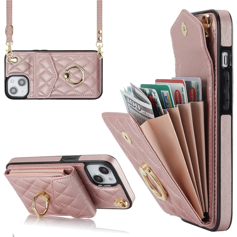 For iPhone 15 RFID Blocking Phone Case Multiple Card Slots Ring Kickstand PU Leather+TPU Fall-proof Cover - Rose Gold