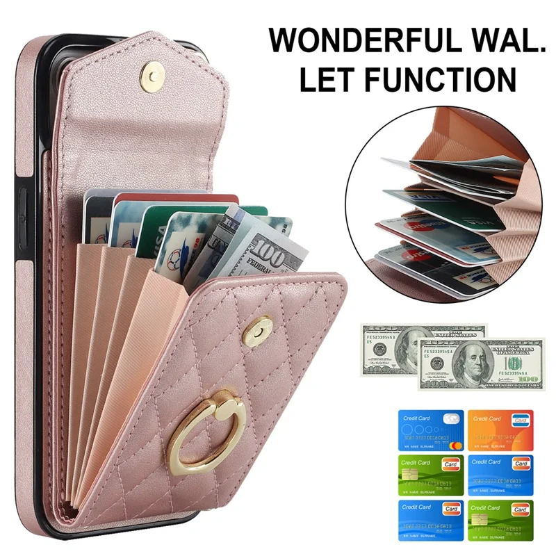 For iPhone 15 RFID Blocking Phone Case Multiple Card Slots Ring Kickstand PU Leather+TPU Fall-proof Cover - Rose Gold