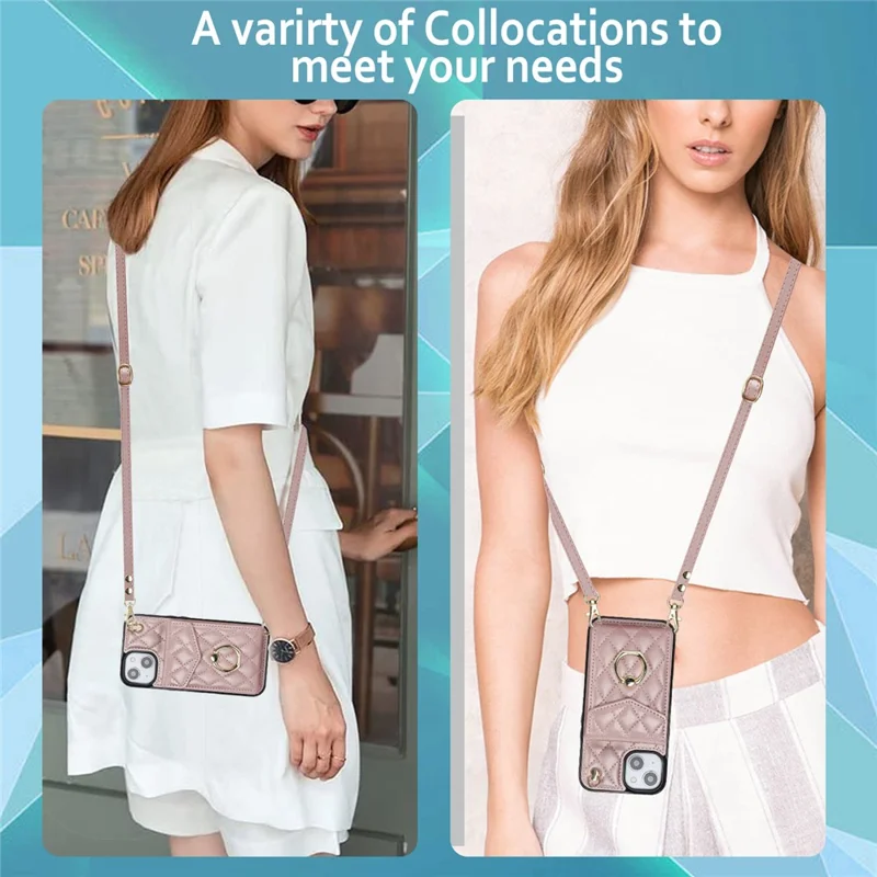 For iPhone 15 RFID Blocking Phone Case Multiple Card Slots Ring Kickstand PU Leather+TPU Fall-proof Cover - Rose Gold