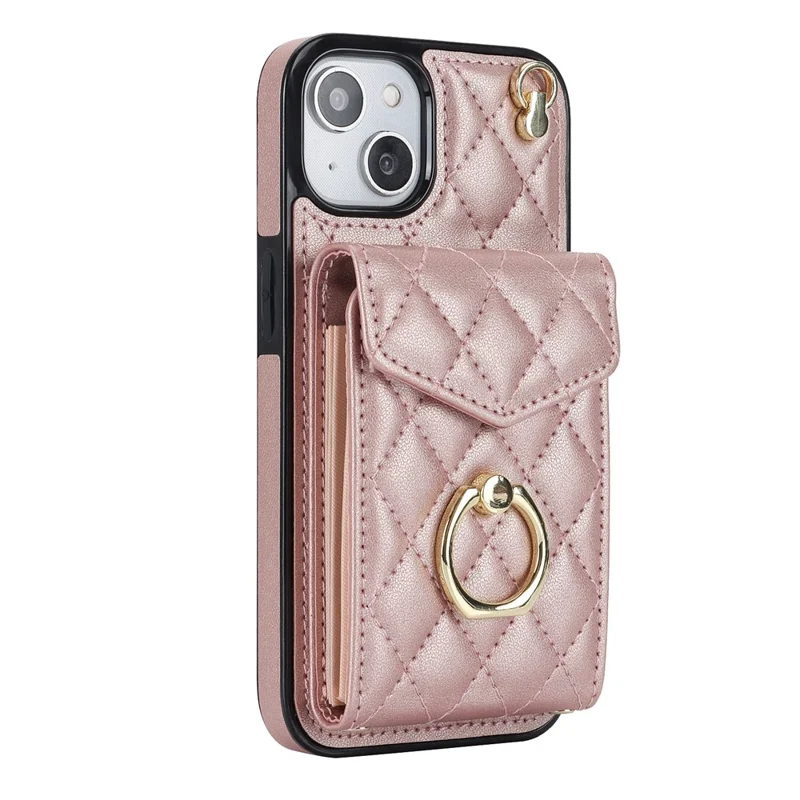 For iPhone 15 RFID Blocking Phone Case Multiple Card Slots Ring Kickstand PU Leather+TPU Fall-proof Cover - Rose Gold