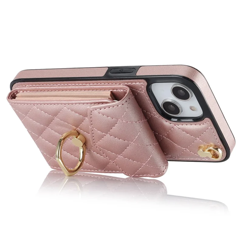 For iPhone 15 RFID Blocking Phone Case Multiple Card Slots Ring Kickstand PU Leather+TPU Fall-proof Cover - Rose Gold