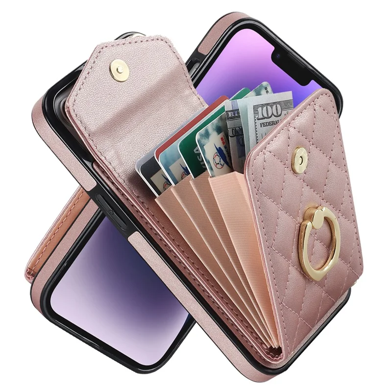 For iPhone 15 RFID Blocking Phone Case Multiple Card Slots Ring Kickstand PU Leather+TPU Fall-proof Cover - Rose Gold