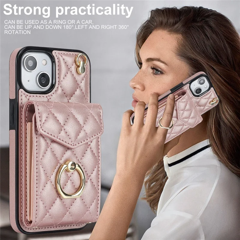 For iPhone 15 RFID Blocking Phone Case Multiple Card Slots Ring Kickstand PU Leather+TPU Fall-proof Cover - Rose Gold