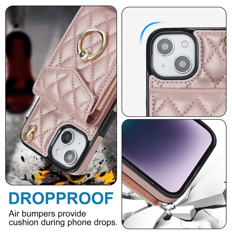 For iPhone 15 RFID Blocking Phone Case Multiple Card Slots Ring Kickstand PU Leather+TPU Fall-proof Cover - Rose Gold