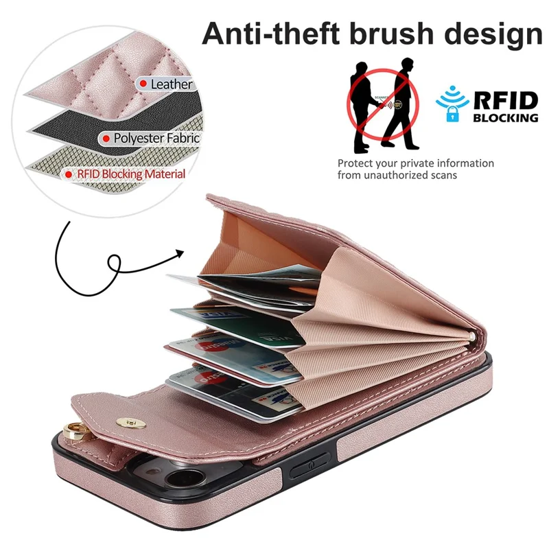 For iPhone 15 RFID Blocking Phone Case Multiple Card Slots Ring Kickstand PU Leather+TPU Fall-proof Cover - Rose Gold