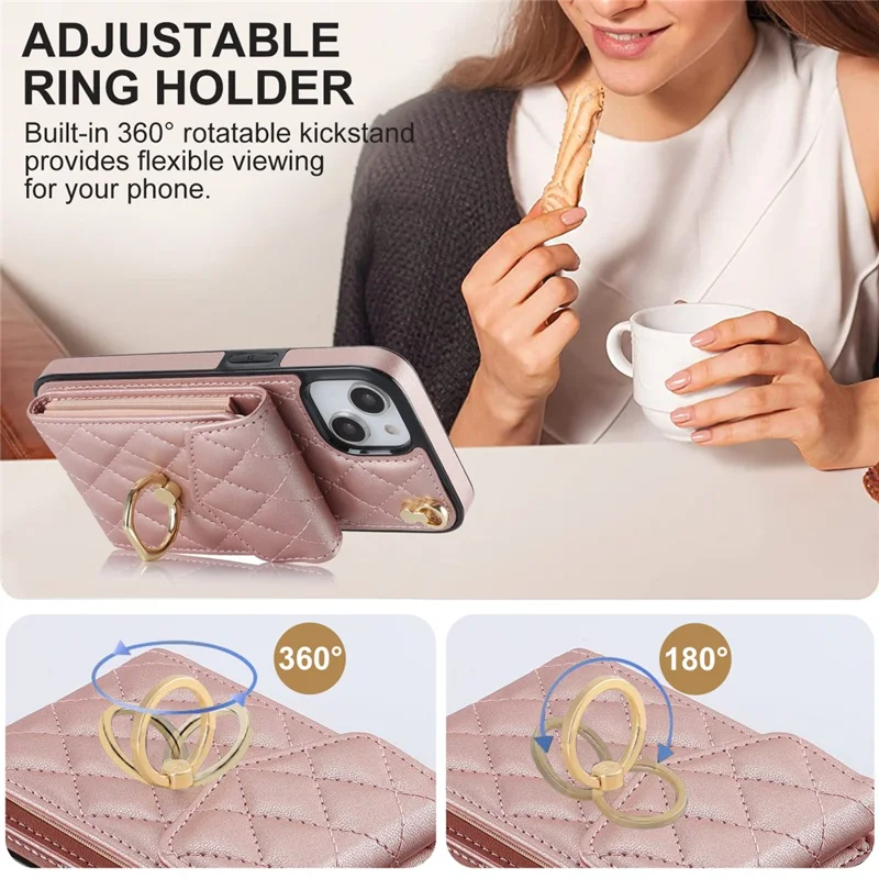 For iPhone 15 RFID Blocking Phone Case Multiple Card Slots Ring Kickstand PU Leather+TPU Fall-proof Cover - Rose Gold