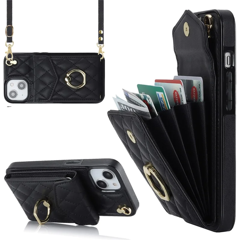 For iPhone 15 Plus RFID Blocking Phone Back Guard Case Multiple Card Slots Ring Kickstand PU Leather+TPU Cover - Black