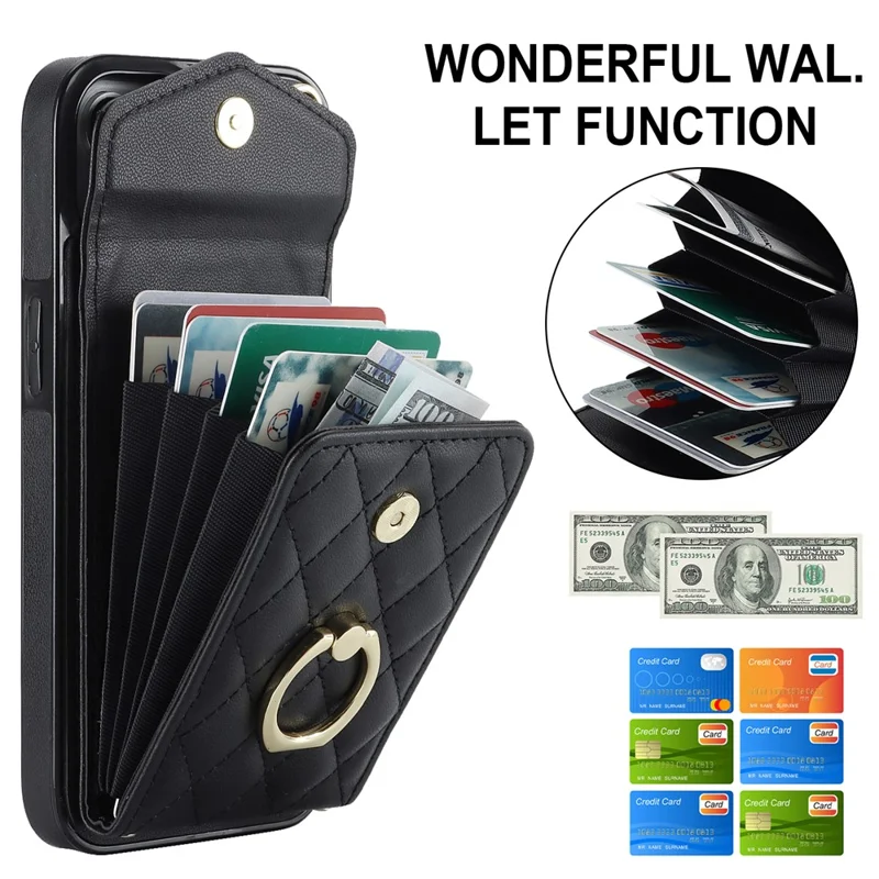 For iPhone 15 Plus RFID Blocking Phone Back Guard Case Multiple Card Slots Ring Kickstand PU Leather+TPU Cover - Black