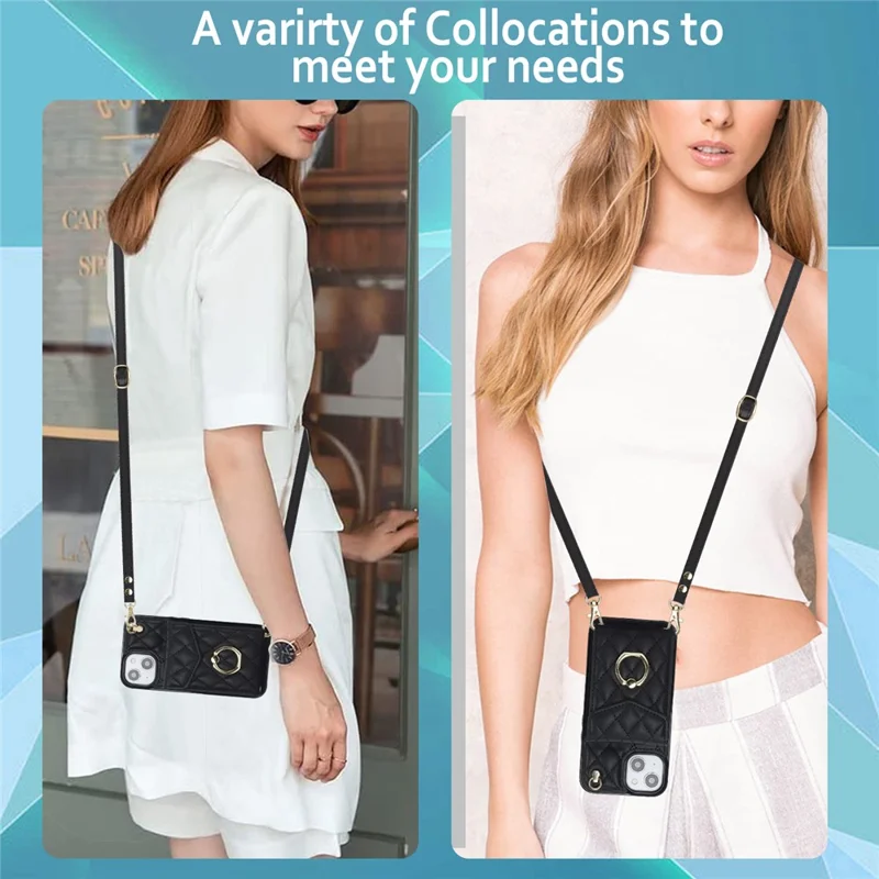 For iPhone 15 Plus RFID Blocking Phone Back Guard Case Multiple Card Slots Ring Kickstand PU Leather+TPU Cover - Black