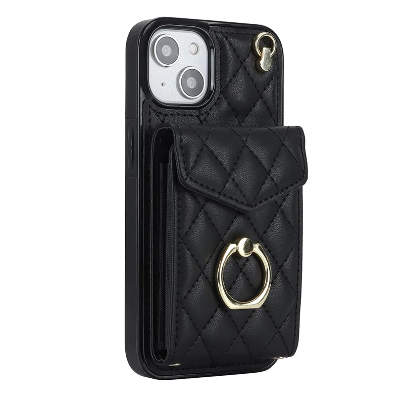 For iPhone 15 Plus RFID Blocking Phone Back Guard Case Multiple Card Slots Ring Kickstand PU Leather+TPU Cover - Black