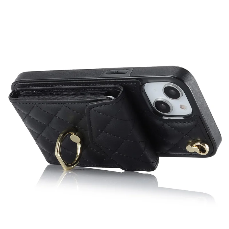 For iPhone 15 Plus RFID Blocking Phone Back Guard Case Multiple Card Slots Ring Kickstand PU Leather+TPU Cover - Black