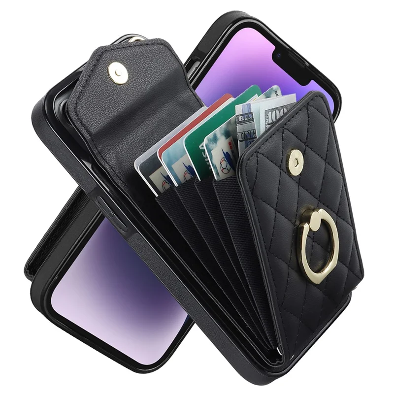 For iPhone 15 Plus RFID Blocking Phone Back Guard Case Multiple Card Slots Ring Kickstand PU Leather+TPU Cover - Black