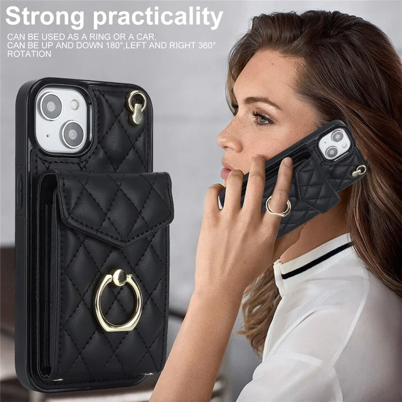 For iPhone 15 Plus RFID Blocking Phone Back Guard Case Multiple Card Slots Ring Kickstand PU Leather+TPU Cover - Black