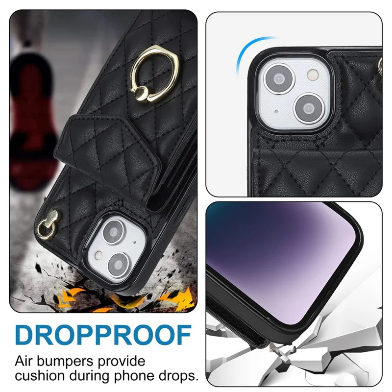 For iPhone 15 Plus RFID Blocking Phone Back Guard Case Multiple Card Slots Ring Kickstand PU Leather+TPU Cover - Black