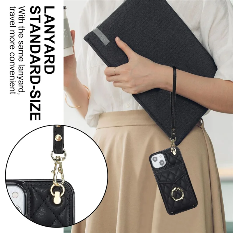 For iPhone 15 Plus RFID Blocking Phone Back Guard Case Multiple Card Slots Ring Kickstand PU Leather+TPU Cover - Black