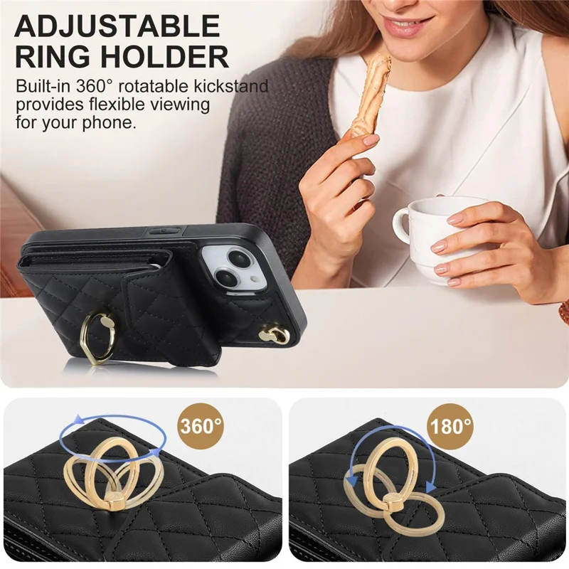 For iPhone 15 Plus RFID Blocking Phone Back Guard Case Multiple Card Slots Ring Kickstand PU Leather+TPU Cover - Black