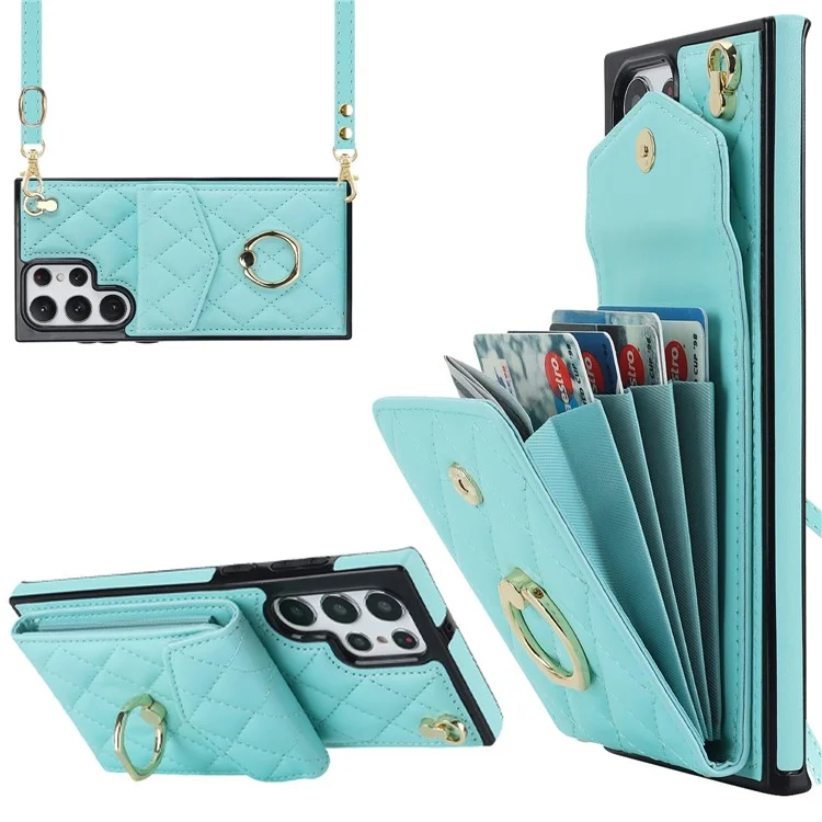 Case a prova de batidas para Samsung Galaxy S22 Ultra 5G, PU Leather+TPU Ring Kickstand Múltiplos slots para cartões Bloqueio RFID Capa de telefone - Verde menta