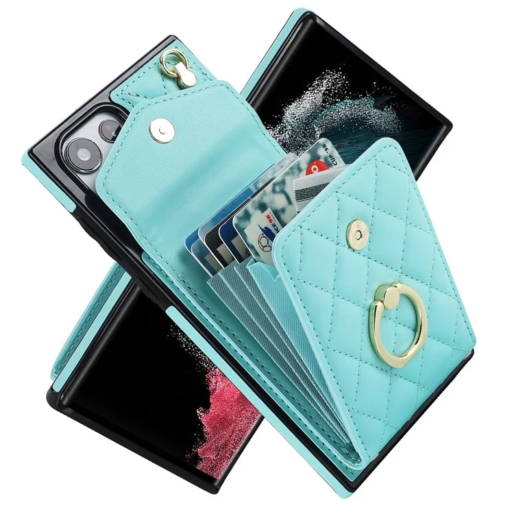 Case a prova de batidas para Samsung Galaxy S22 Ultra 5G, PU Leather+TPU Ring Kickstand Múltiplos slots para cartões Bloqueio RFID Capa de telefone - Verde menta