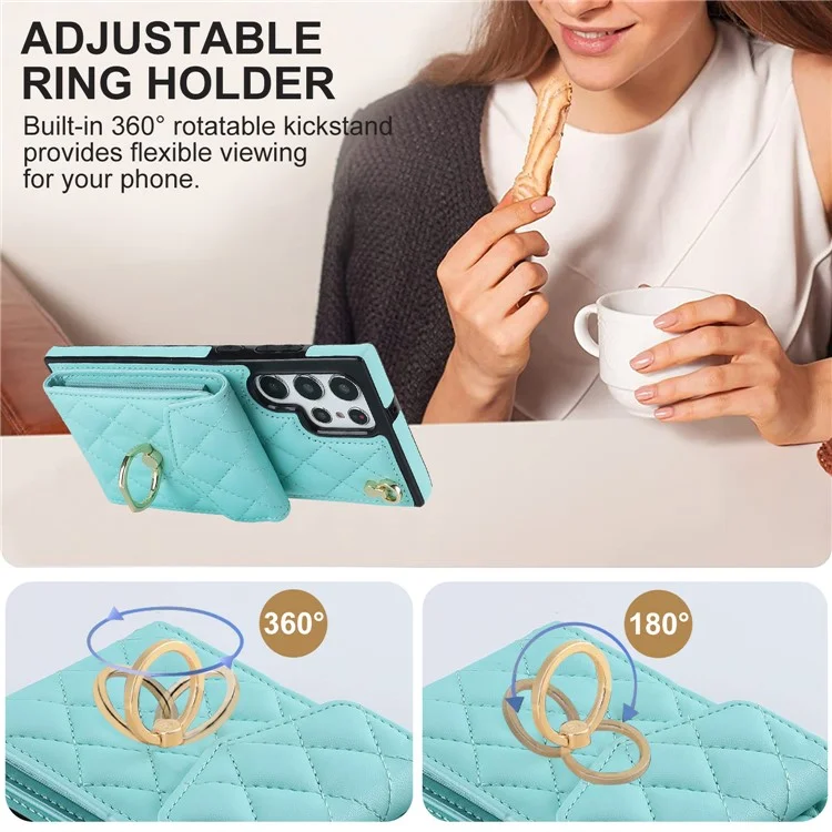 Case a prova de batidas para Samsung Galaxy S22 Ultra 5G, PU Leather+TPU Ring Kickstand Múltiplos slots para cartões Bloqueio RFID Capa de telefone - Verde menta