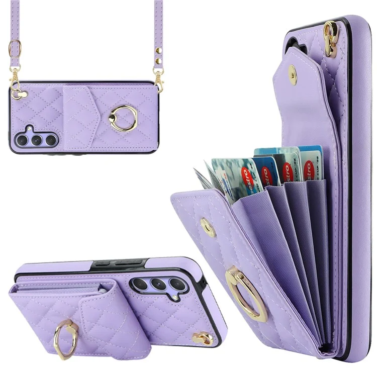Ring Kickstand Case for Samsung Galaxy A54 5G , PU Leather+TPU Multiple Card Slots RFID Blocking Phone Cover - Purple