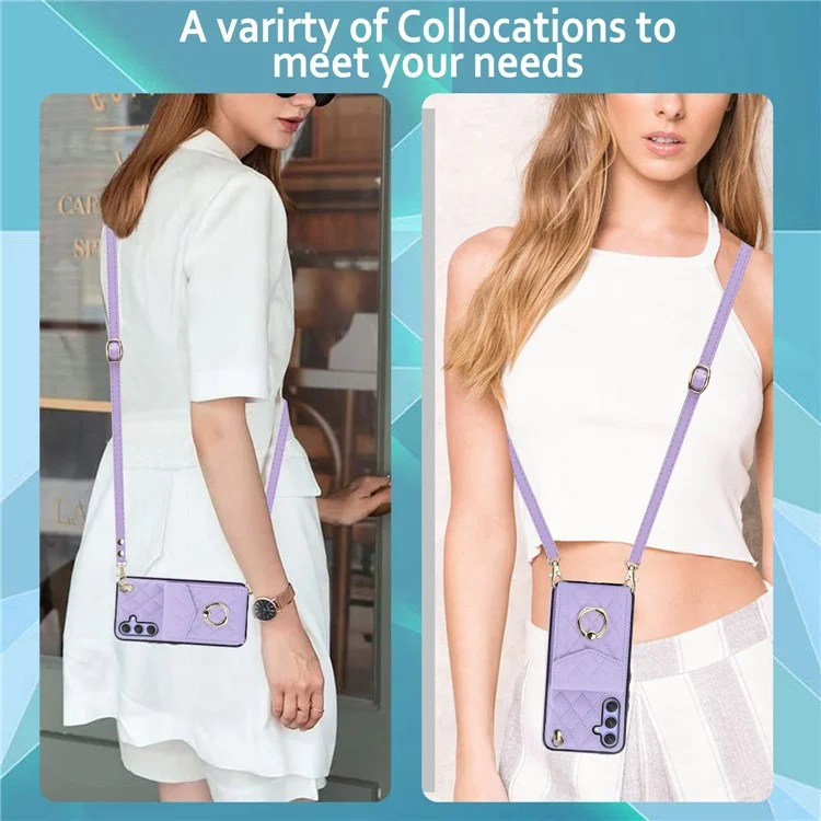 Ring Kickstand Case for Samsung Galaxy A54 5G , PU Leather+TPU Multiple Card Slots RFID Blocking Phone Cover - Purple