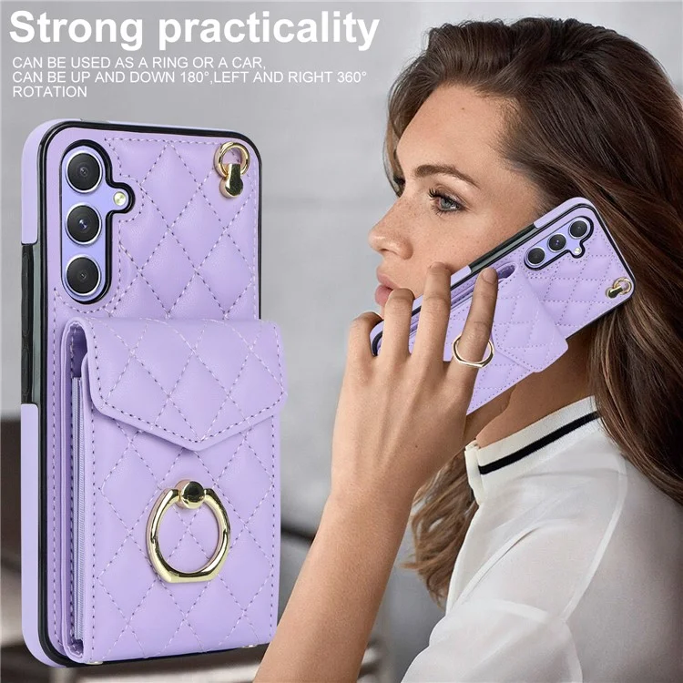 Ring Kickstand Case for Samsung Galaxy A54 5G , PU Leather+TPU Multiple Card Slots RFID Blocking Phone Cover - Purple