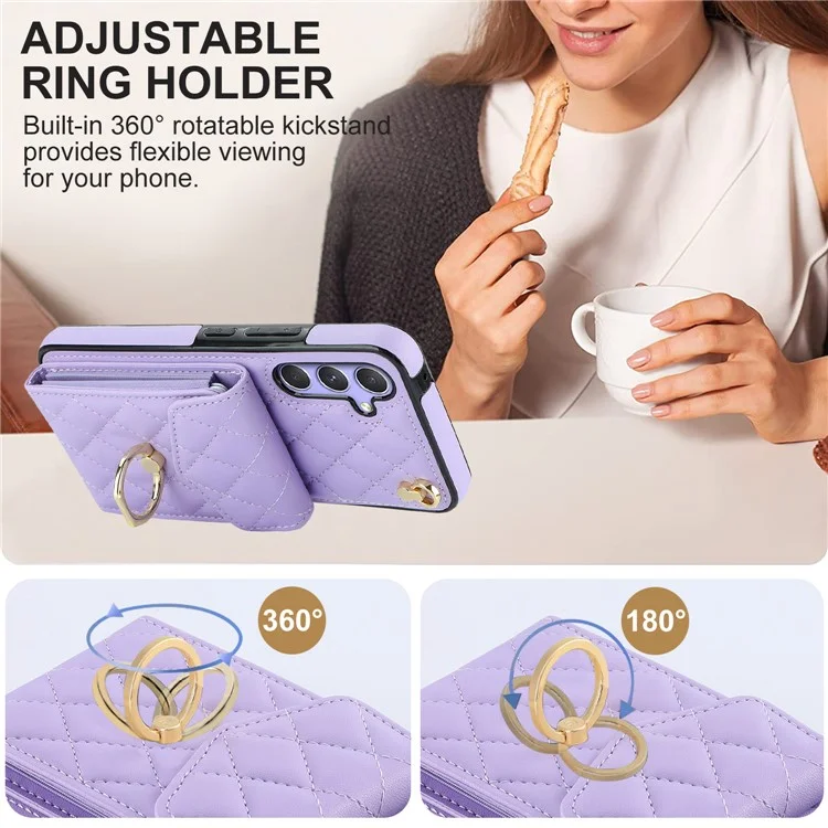 Ring Kickstand Case for Samsung Galaxy A54 5G , PU Leather+TPU Multiple Card Slots RFID Blocking Phone Cover - Purple
