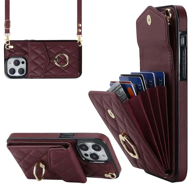 Для iPhone 15 Pro Max RFID-блокирующий ударопрочный чехол с множеством слотов для карт, кольцевая подставка, PU-кожа+TPU, чехол для телефона - Винный красный