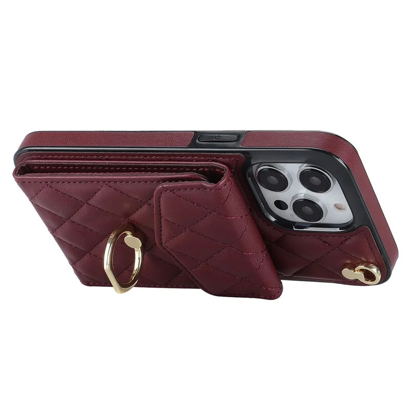 Для iPhone 15 Pro Max RFID-блокирующий ударопрочный чехол с множеством слотов для карт, кольцевая подставка, PU-кожа+TPU, чехол для телефона - Винный красный