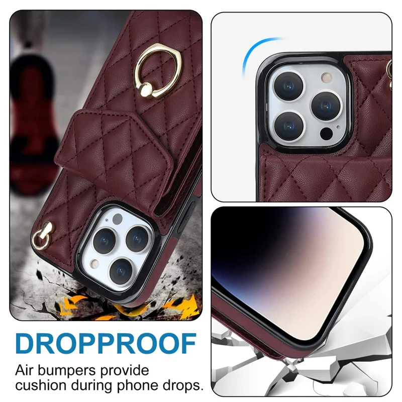 Для iPhone 15 Pro Max RFID-блокирующий ударопрочный чехол с множеством слотов для карт, кольцевая подставка, PU-кожа+TPU, чехол для телефона - Винный красный