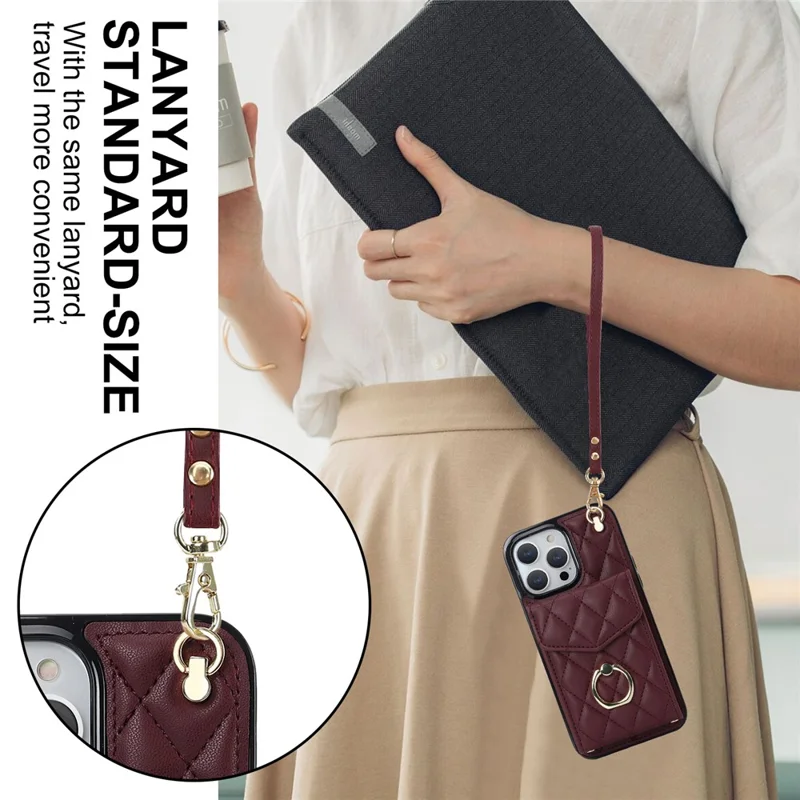 Для iPhone 15 Pro Max RFID-блокирующий ударопрочный чехол с множеством слотов для карт, кольцевая подставка, PU-кожа+TPU, чехол для телефона - Винный красный