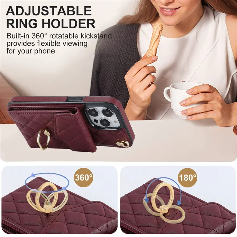 Для iPhone 15 Pro Max RFID-блокирующий ударопрочный чехол с множеством слотов для карт, кольцевая подставка, PU-кожа+TPU, чехол для телефона - Винный красный